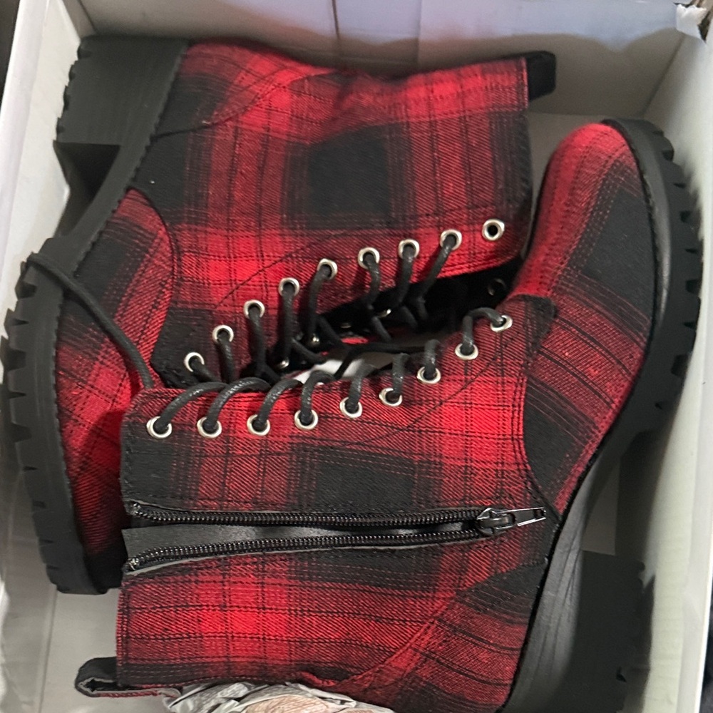 True Craft Red and Black Plaid Combat Boots